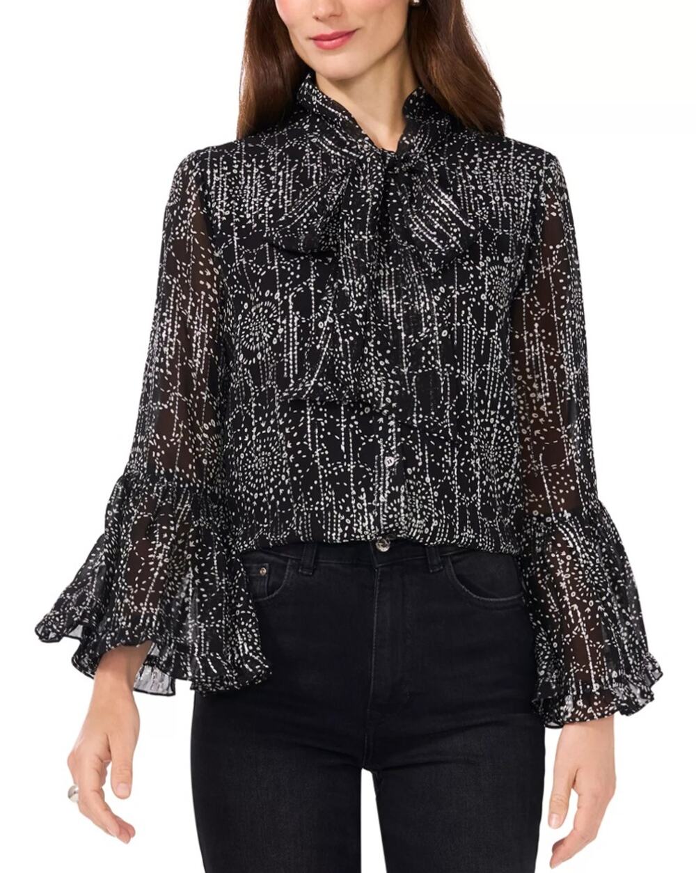 Vince Camuto Black Lurex Printed Fan Sleeve Neck Tie Button Front Blouse Size L